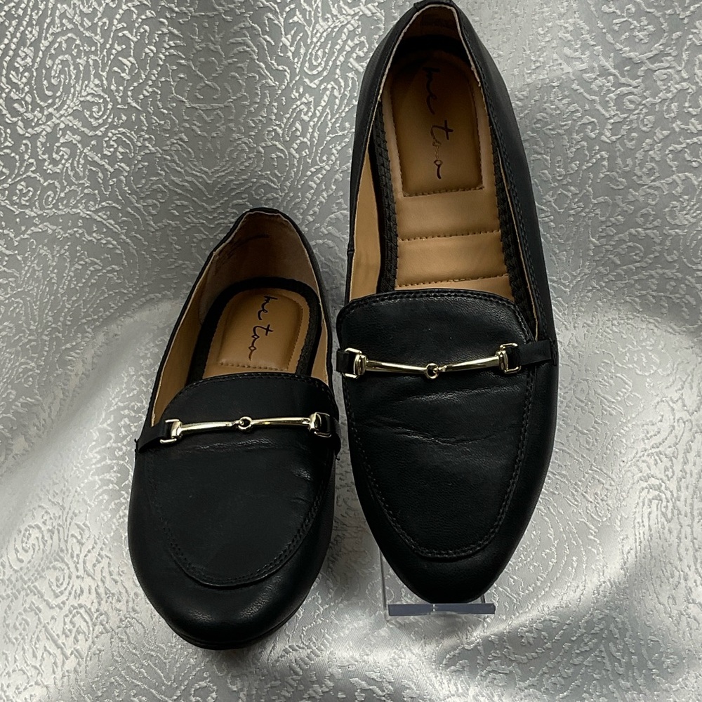 Me‎ Too Black Leather Flats with Gold Accent